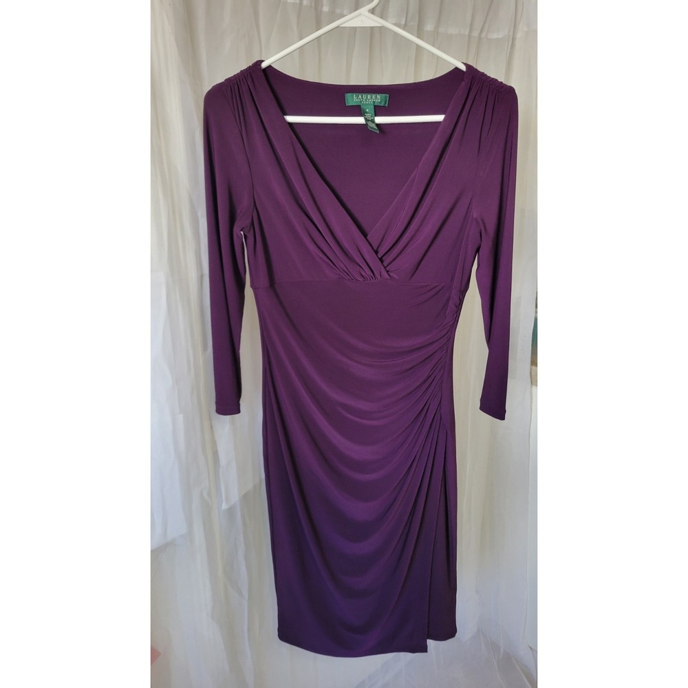 Lauren Ralph Lauren Dress Womens 4 Purple Surplice Faux Wrap 3/4 Sleeve Bodycon
